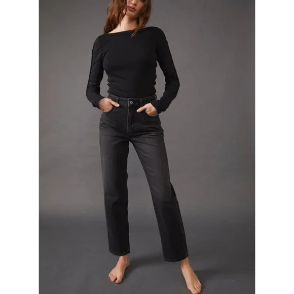 🎉LAST CHANCE🎉 FREE PEOPLE Pacifica Straight Leg Jeans / Worn Black - Picture 2 of 11